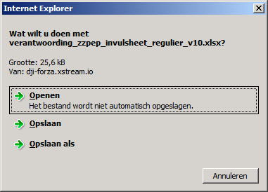 Na het klikken op de download link, krijgt u een vraag of u het bestand direct wilt openen of