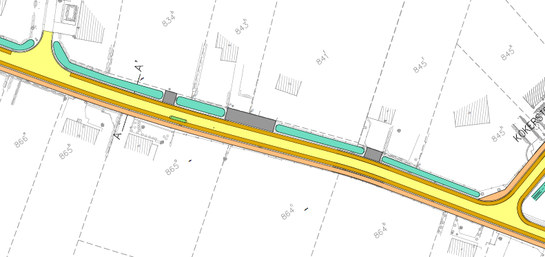 Voorstel 4 continue breedte van 5m40 asfalt + 2 x 0,30 borduur (greppel)