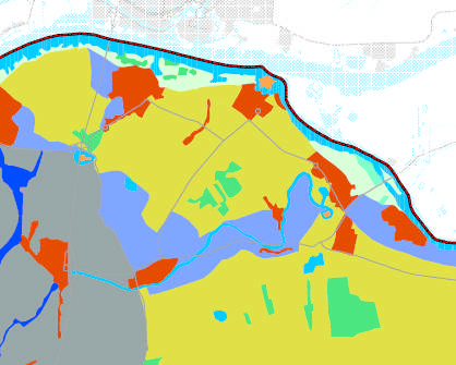 Landschapstypen in Woudrichem (bron: gebiedsplan Wijde Biesbosch) Stroomruggen / Oeverwallen (blauw) De hoger gelegen stroomruggen vormen van oudsher de vestigingsplaatsen van de mens.