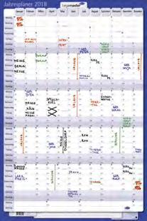 Traditionele, horizontale kartonnen jaarplanner n Jaarplanner met de dagen aan de bovenkant (alleen de eerste twee letters) en de maanden langs de zijkant n Weekends zijn in een andere kleur