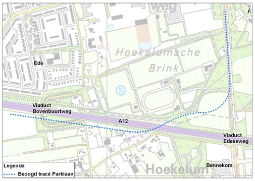 Afbeelding 1 Beoogd tracé Parklaan volgens structuurvisie infrastructuur Ede-Oost Realisatie ecoduct over de A12 ter hoogte van de Buunderkamp (Ecoduct Jac P. Thijsse, circa t.h.v. km 118.