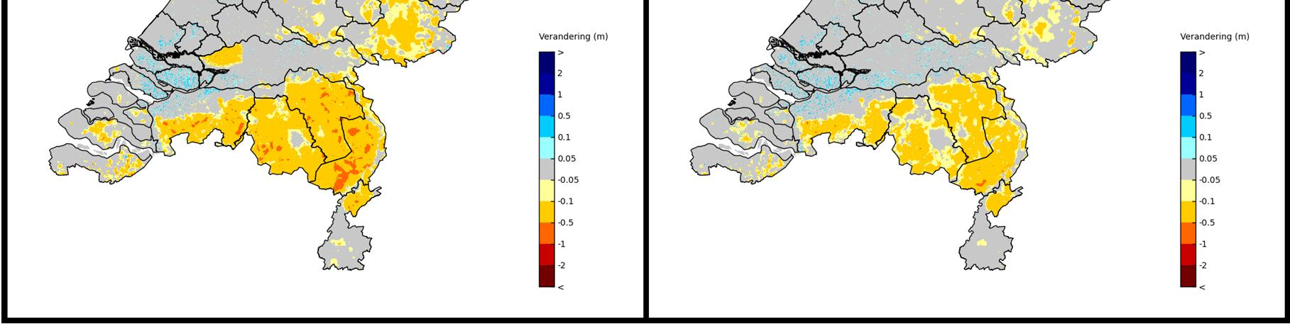 7 Verandering LG3 Warm 2100 met ingrepen en maatregelen voor een extreem droog jaar (links) en een droog jaar (rechts).