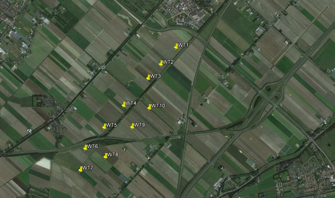 TNO-rapport TNO 2015 R11007 1.0 25 augustus 2015 13 / 106 Figuur 2.8 De windturbines van Windpark ten oosten en westen van de spoorlijn van Leiden naar Schiphol.