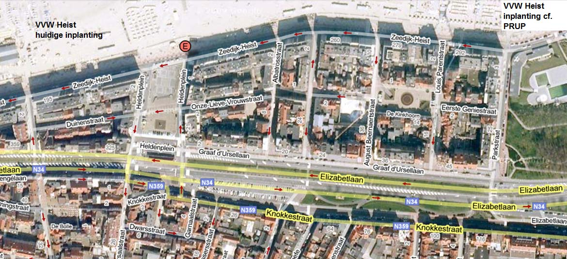 via de toegangswegen tot het Heldenplein (Elisabetlaan, Kursaalstraat en kleinere straten), de Duinenstraat, de Vuurtorenstraat, de Vlamingstraat en de Heistlaan (kaart 7).