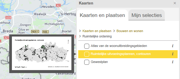 1. Voorbeeldweergave van de kaartlaag Als je met de muis over de laag gaat, krijg je (indien beschikbaar) een voorbeeldweergave van de laag.