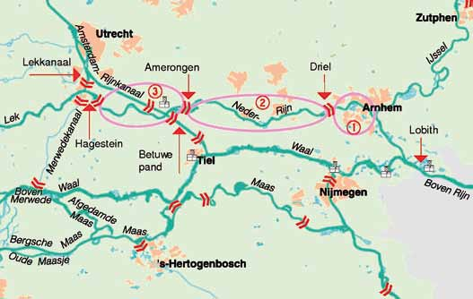 Afbeelding 1: Rijntakken met de stuwpanden Driel (1), Amerongen (2) en Hagestein (3), en de sluiscomplexen in het Amsterdam-Rijnkanaal.
