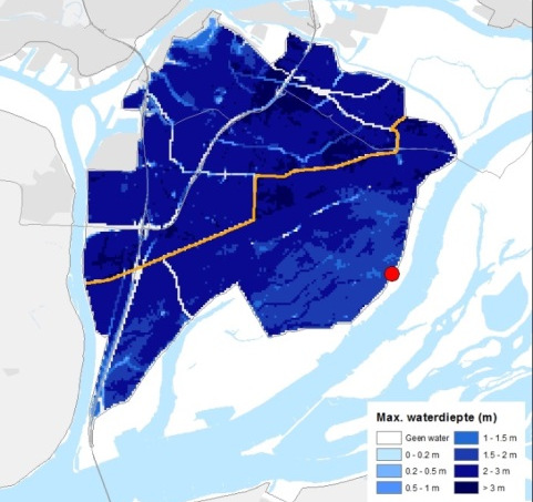 Maximale waterdiepte overstroming bij een doorbraak bij ringdeel 6 voor T=2.000 jaar. De compartimenteringskering is standzeker, er is alleen enige overloop.