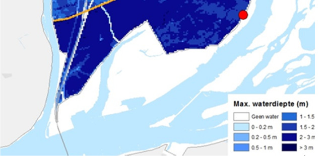 Figuur 14: Verschillende gevolgen bij doorbraken van compartimenteringskeringen bij een doorbraak op het zuidelijk deel van het Eiland van Dordrecht Daarnaast blijkt dat de omvang van de overstroming