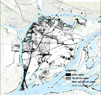 Waterveiligheidsplan Eiland van Dordrecht Impactanalyse december 2016 Figuur 16: Droge gebieden op het Eiland van Dordrecht uitgaande van de maximale waterdiepte Hoe lang duurt een overstroming?