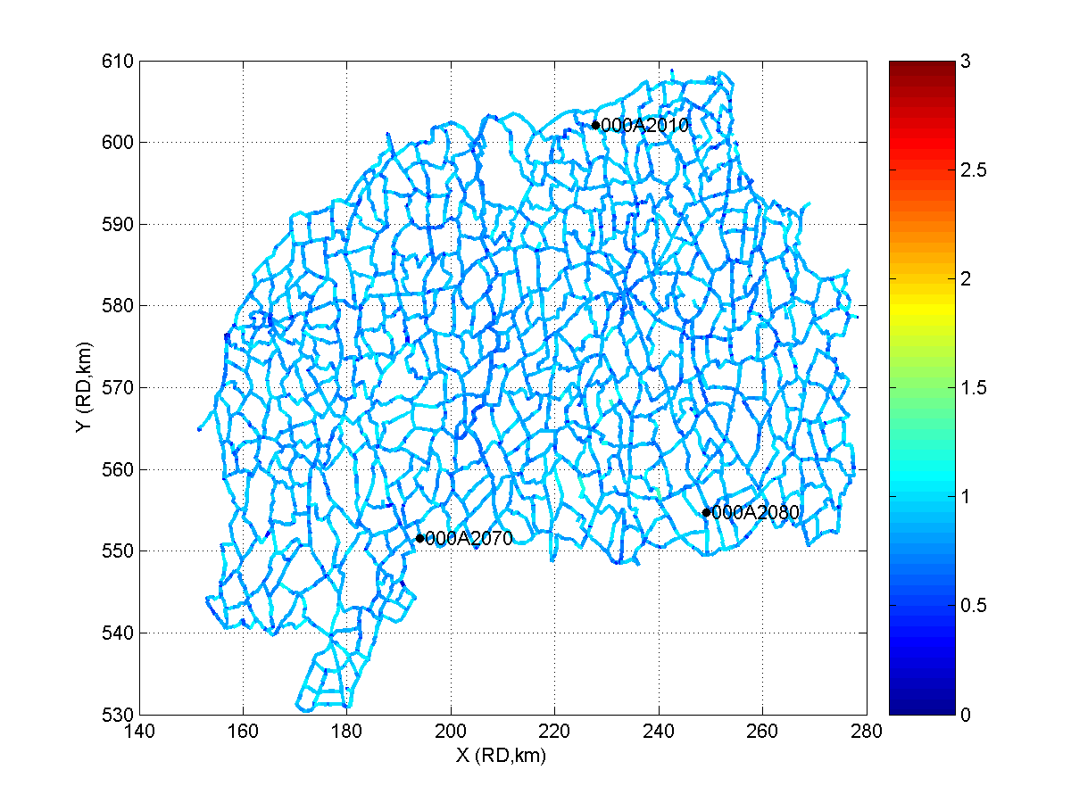 Figuur 9: Standaardafwijking (mm) van de geschatte hoogteverschillen in het waterpasnetwerk van 1993. De precisie van de geschatte hoogteverschillen is onafhankelijk van het referentiepunt (000A2080).
