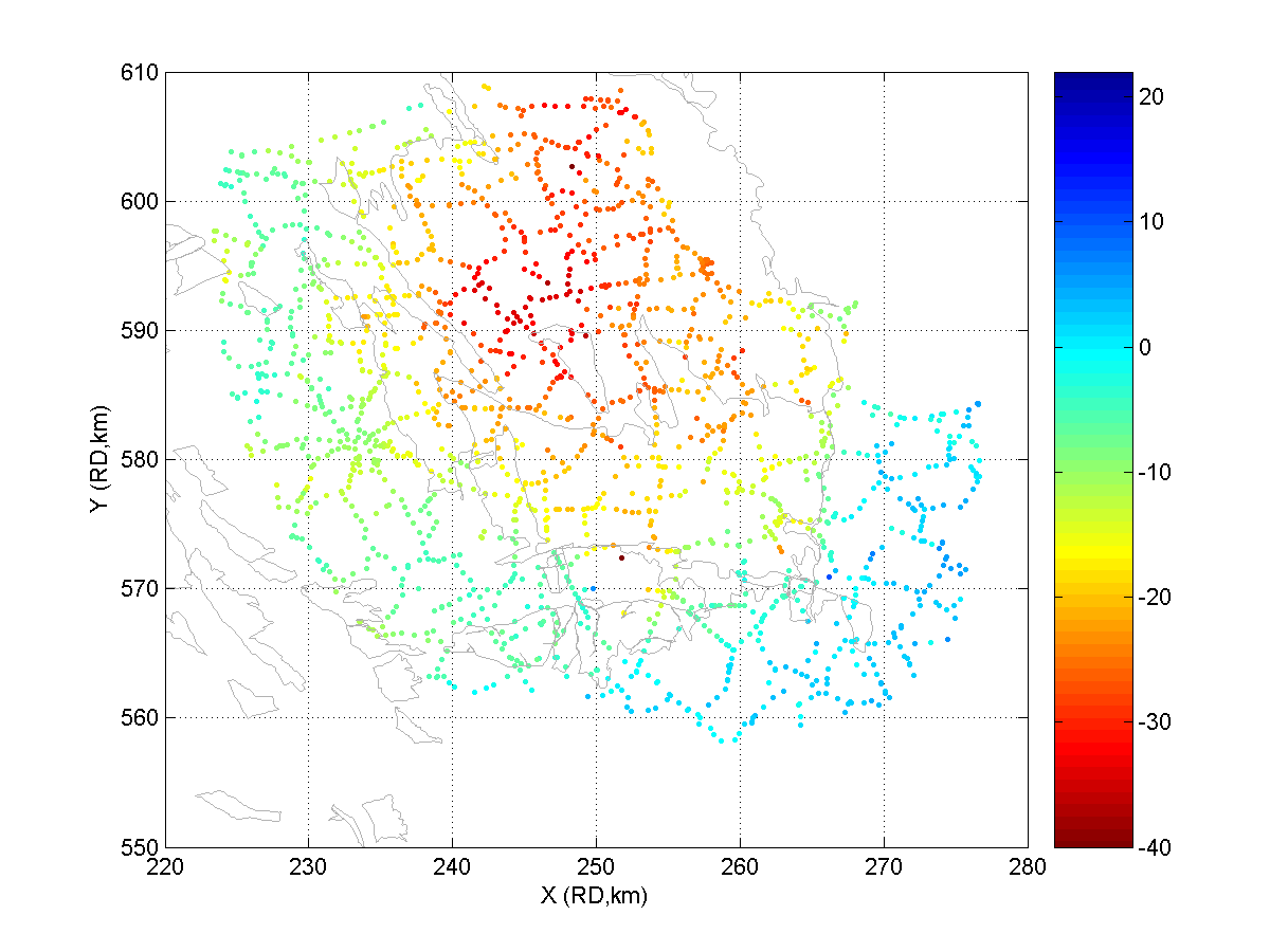 Figuur 2: Geschatte deformatie (mm) per peilmerk locatie uit PS-InSAR waarnemingen in de periode juni 2003 tot september 2008 (Envisat).