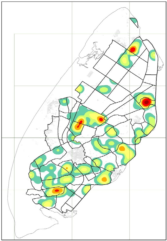 9. Figuur 4.20. Relatieve dichtheid (aantal broedpaar/100ha) van grutto op Texel in 1995, 2009 en 2015.  9. Figuur 4.20. Relatieve dichtheid (aantal broedpaar/100ha) van grutto op Texel in 1995, 2009 en 2015.  9. Figuur 4.17.