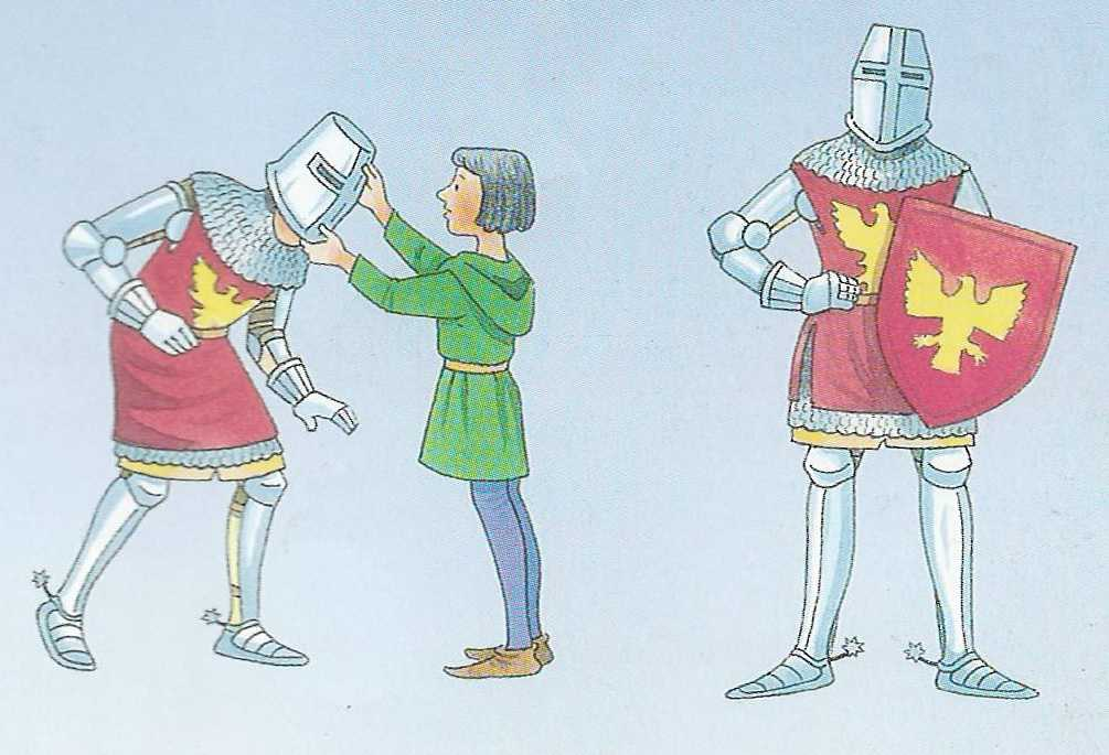 5. Nu zet de ridder zijn helm op en hij pakt zijn schild. Zie je de ijzeren sterretjes aan de achterkant van zijn schoenen? Dat noemen ze de 'sporen'.