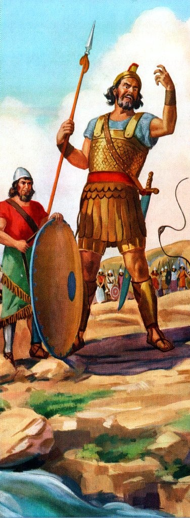 David en Goliath. Hoe beschrijft de Bijbel de kampvechter van de Filistijnen en hoe heette hij? 1 Samuel 17:4-7 4 Toen kwam er een kampvechter tevoorschijn uit het leger van de Filistijnen.
