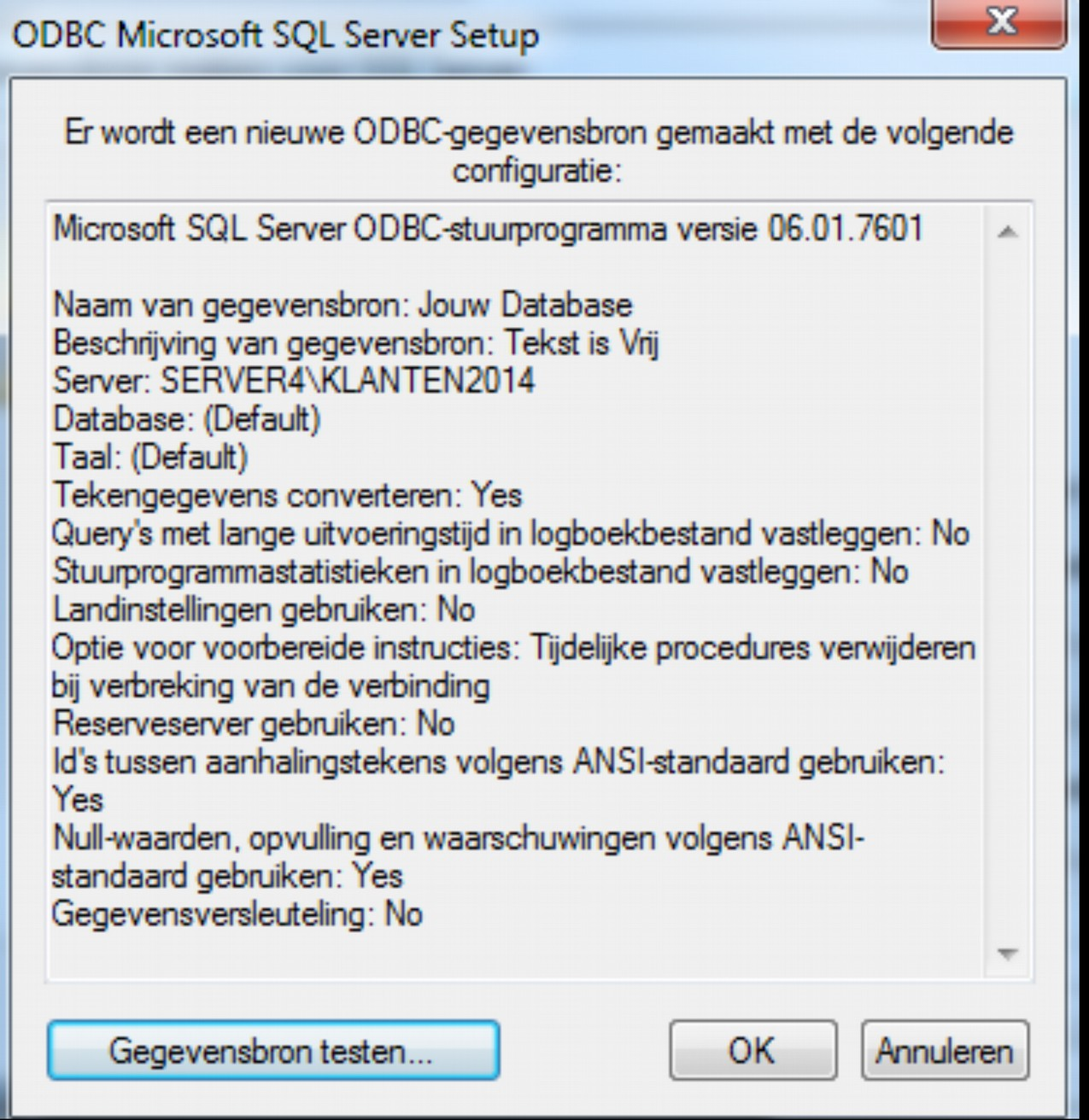 Klik in het venster ODBC Microsoft Server Setup onderaan op Gegevensbron testen en op OK.
