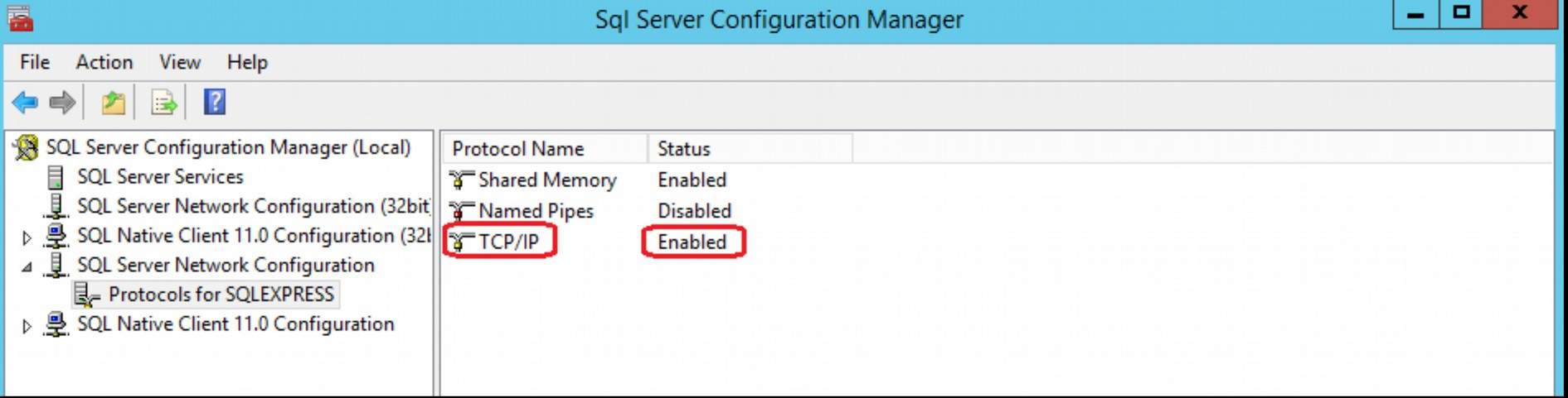 Afhankelijk van hoe je het heb genoemd, zet bij de Protocols de TCP/IP op Enabled Controleer vervolgens of bij SQL Server Services de SQL Server Browser op Automatic staat!