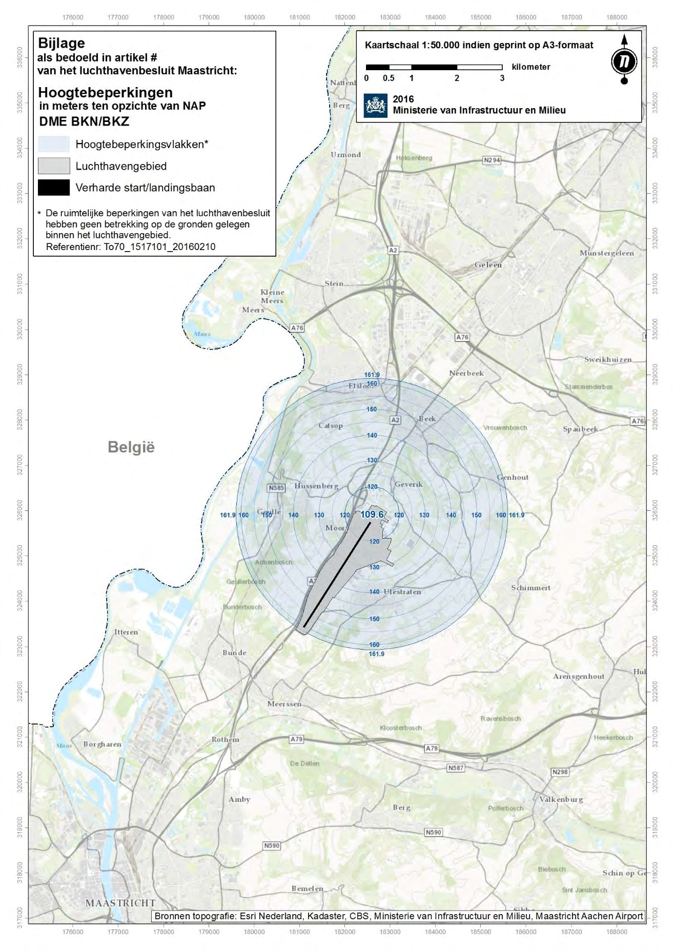 Kaart van de omnidirectional DME surface voor baan 03 en baan 21 (wordt