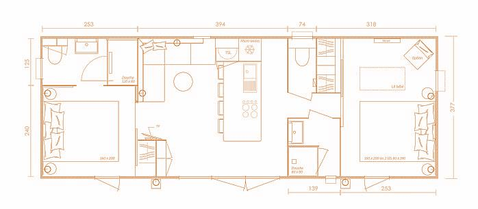 3 kamers 2 badkamers - 39 m² - met TV 2 kamers met badkamer - 10,66 m x 3,52 m, Terras gedeeltelijk overdekt Waatvasser en oven Zijn lakens en handdoeken