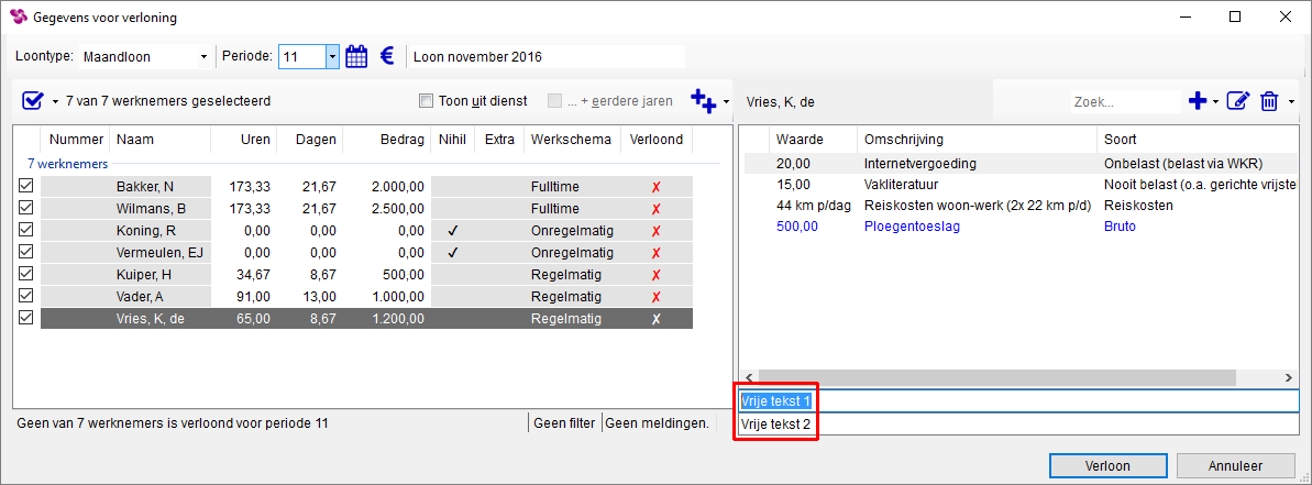 (blauw) Op dezelfde wijze kunt u via de optie Incidentele beloning eenmalige looncomponenten toevoegen voor deze werknemer. Zoals overwerk, een bonus, et cetera.