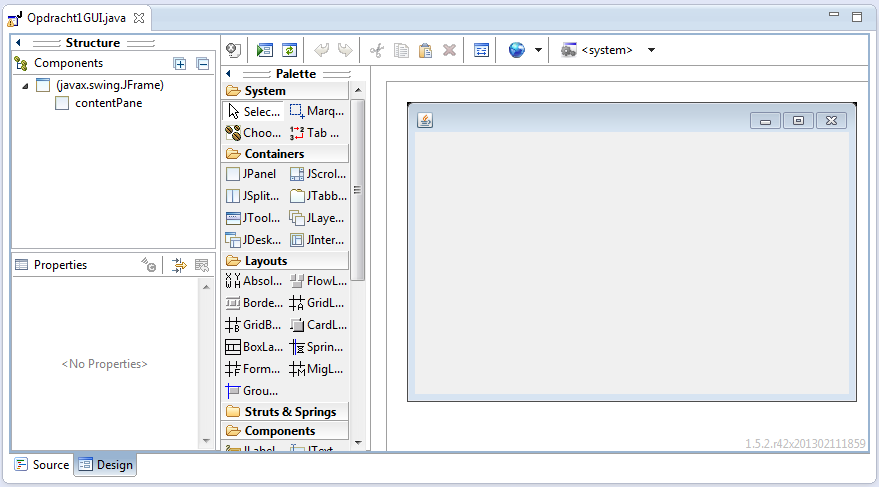 Druk nu op de Design-tab in de Editor: Het scherm dat dan verschijnt wordt ook wel de WindowBuilder genoemd. Hiermee kan je een gebruikersinterface grafisch opmaken.