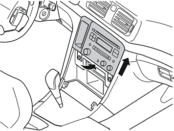M8503821 13 Schuif de radio en de beugel omhoog tot aan de uitsparing voor de radio Sluit de connectors voor de voeding, luidsprekers, antenne en andere eenheden aan Steek de radio in de uitsparing