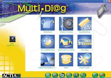 Vervolgens toont de Multi-Diag een informatief scherm met pictogrammen van de beschikbare diagnosefuncties in de hoofdgroepen onderhoud, wielen&vering, reminrichting, airconditioning,