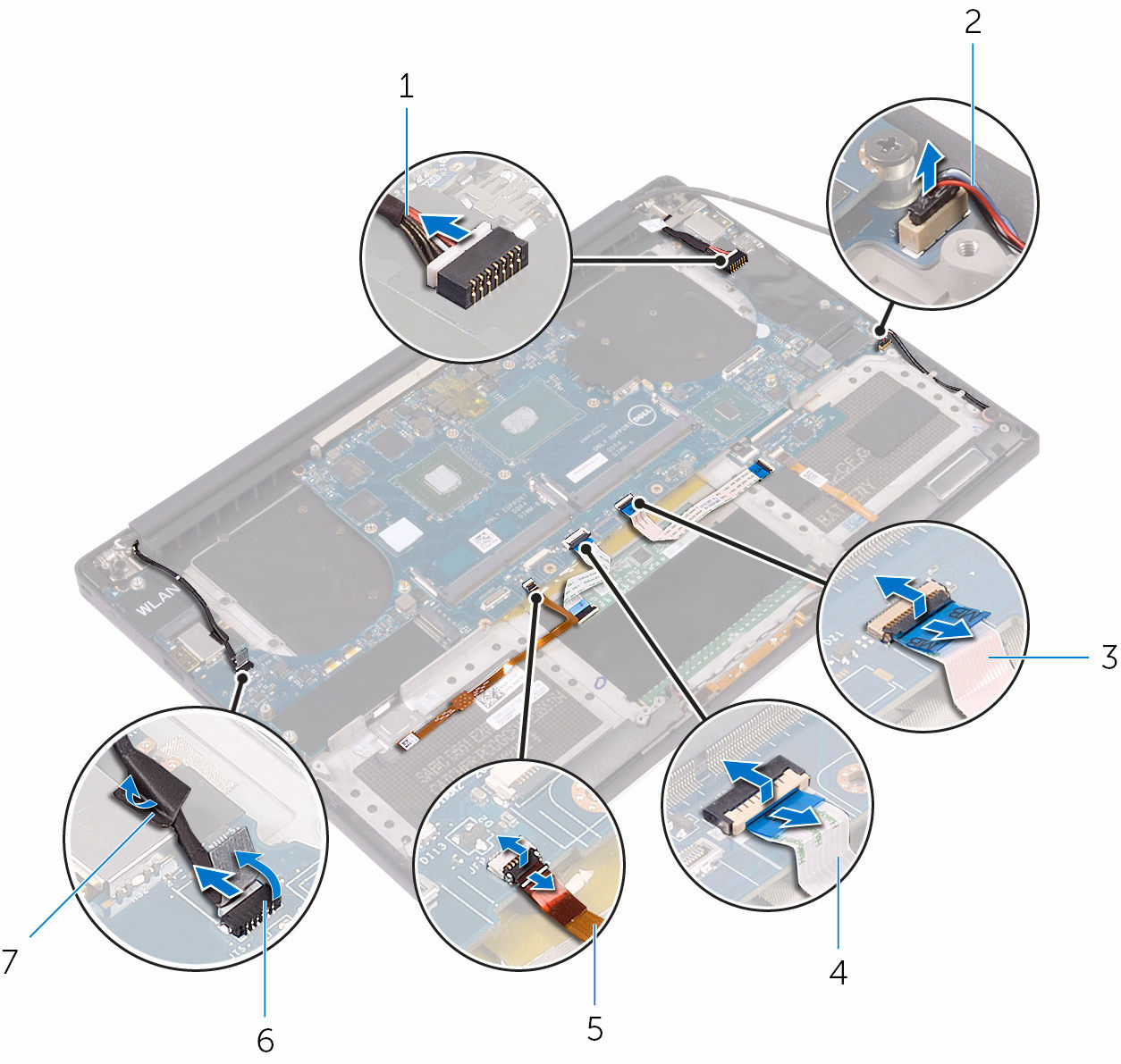 5 Verwijder de tape en koppel de touchscreenkabel los van het moederbord. Afbeelding 22.