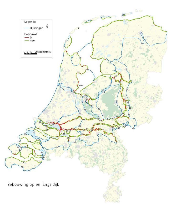 Figuur 7.30 Bebouwing op en langs dijk (bron: Silva en van Velzen, 2008) Met name in het benedenrivierengebied zijn ingrijpende maatregelen nodig om de dijken doorbraakvrij te krijgen.