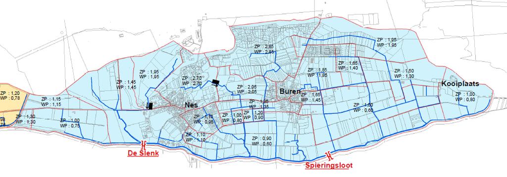 Hydrologie van deelgebied 2b Het duinboogcomplex Nes-Buren Dit systeem van duinen heeft geleid tot een zoetwaterbel met de hoogste grondwaterstanden tussen Nes en Buren (GHG: 2,50m+ NAP tot 3 m+