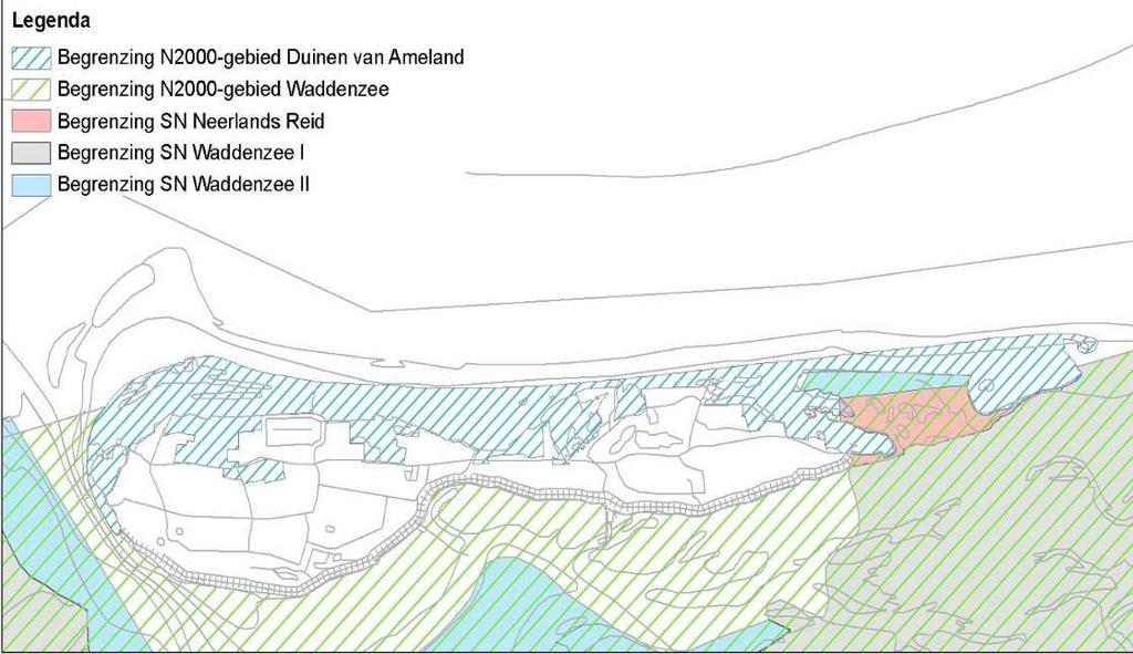 Figuur 2.1. Begrenzingen van de staatsnatuurmonumenten Waddenzee I en II, het beschermd natuurmonument Neerlands Reid en van de Natura 2000-gebieden Waddenzee en Duinen Ameland.