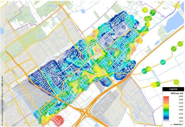 Figuur 5.6: Belevingswaarde op basis van WOZ-waarde per m2 Bron: SmartGIS/ SmartAgent, 2014 De kaart maakt duidelijk welke waarde de markt toekent aan de diverse wijken.