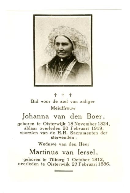 Walthera van den Boer, geboren te Oisterwijk 13 februari 1827, overleden te Oisterwijk 12 september 1914, trouwt te Oisterwijk 25 februari 1857 met Adrianus Verhoeven (145). Josephina A.