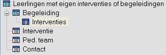 HOOFDSTUK 1. LEERLINGVOLGSYSTEEM 11 1.1.2.4 Interventies per begeleiding Figuur 1.13: Interventies per begeleiding Aan een begeleiding kunnen één of meerdere interventies verbonden zijn.