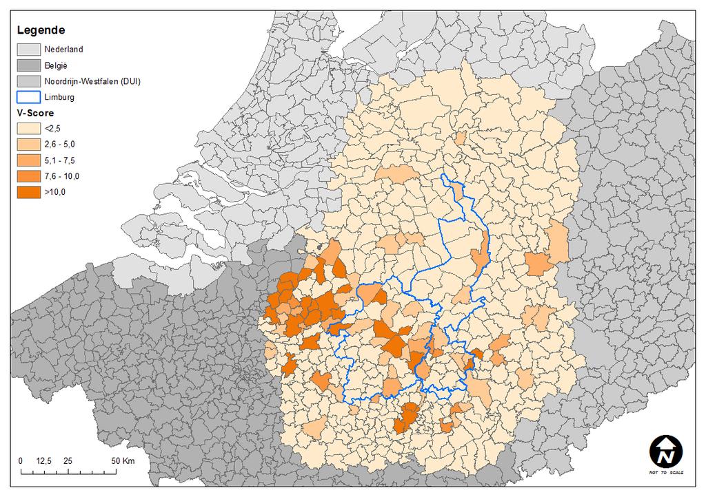 Figuur 7 V-Score voor alle gemeenten binnen het analysegebied voor transport van/naar de Haven van Antwerpen Figuur 8, voor de containerstromen van/naar de Haven van Rotterdam, toont een veel minder