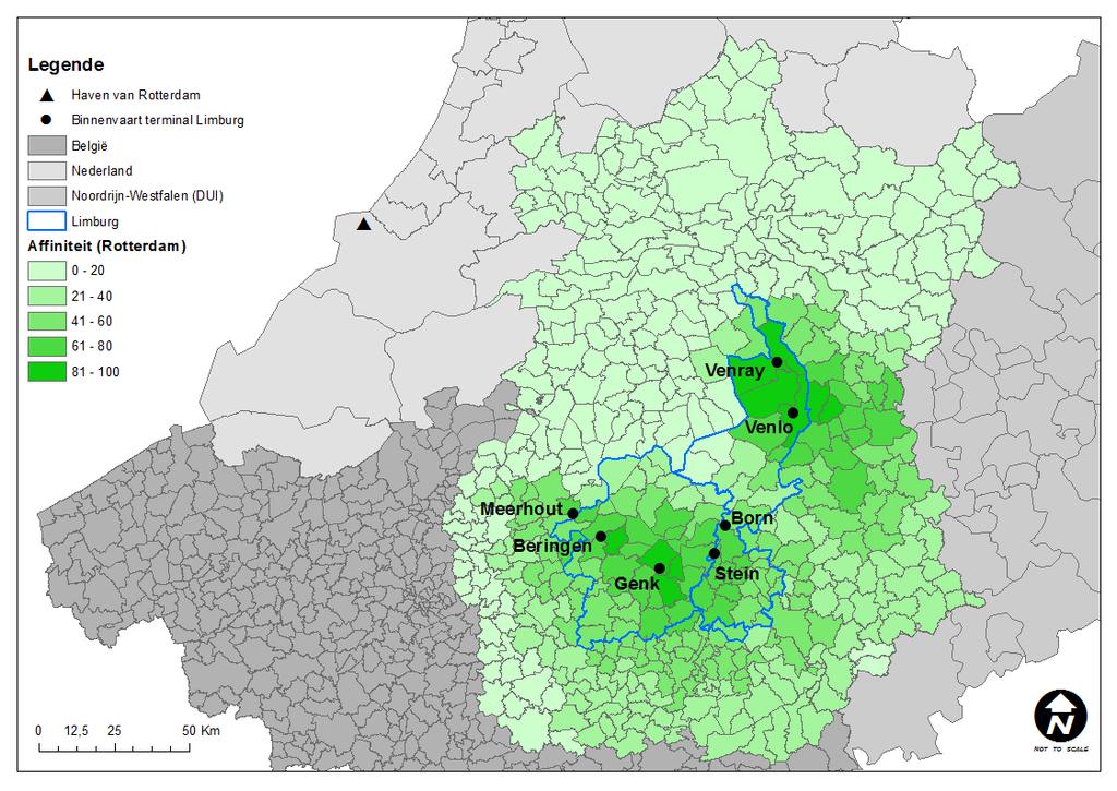 Figuur 30 Affiniteitsscore voor transport vanuit de Haven van Rotterdam naar het
