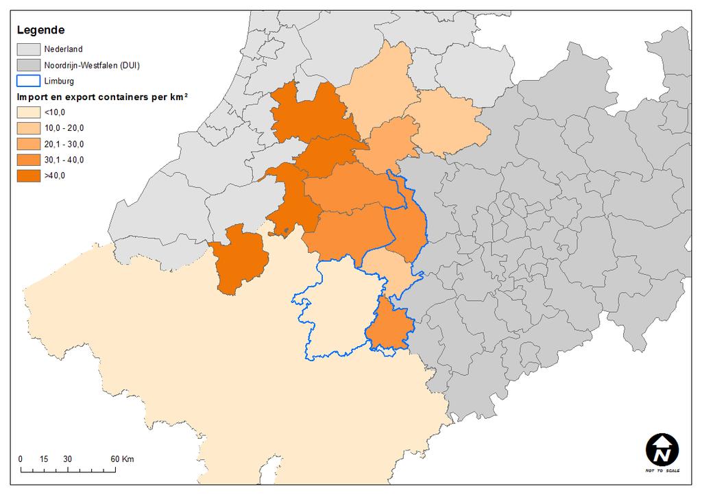 Figuur 37 Import en export van containerstromen over de weg tussen