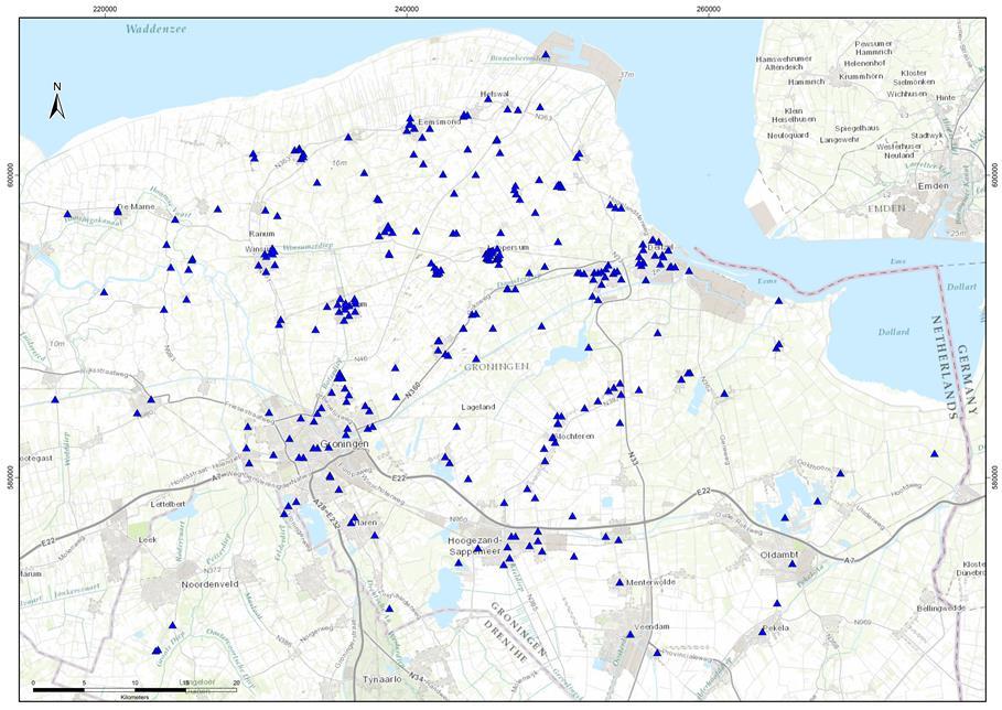 Figuur 4. Locaties van de TNO meetpunten. De getoonde locaties zijn met een kleine marge verplaatst om de identificeerbaarheid met de individuele deelnemer aan het project te vermijden.