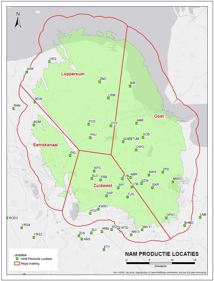 Figuur 2. De vier regio s waarvoor elk het seismisch risico wordt gemonitord. De locaties van NAM s productiestations zijn aangegeven met de groene vierkantjes.