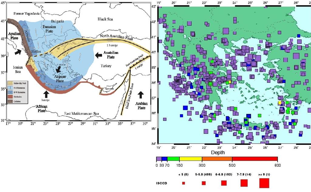 Kaart met platen en diepte van de aardbevingen Vraag 1 Griekenland Kaart van de subductie gebieden.