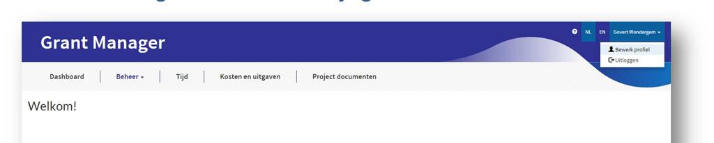 3. Handleiding en wachtwoord wijzigen Afbeelding 4: Scherm na het inloggen en optie tot openen Profiel De meeste recente versie van de handleiding kunt u downloaden door rechtsboven in Grant Manager
