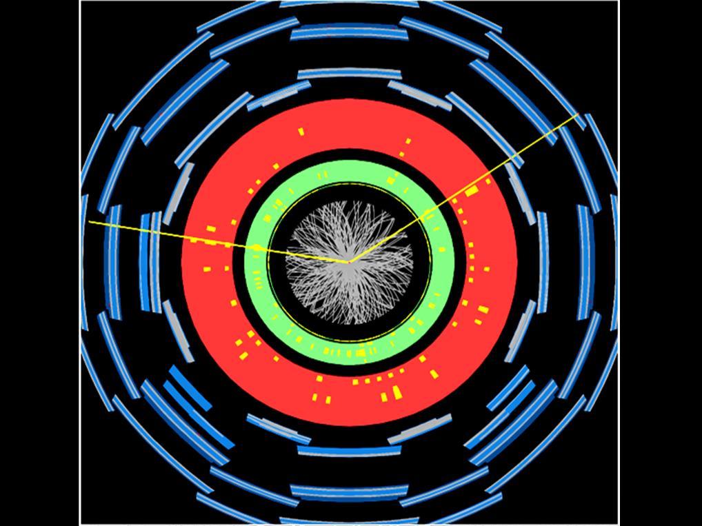 Hier zien we een foto van één proton-proton botsing. U ziet een groot aantal sporen van nieuw gecreëerde deeltjes (E=mc 2 ).