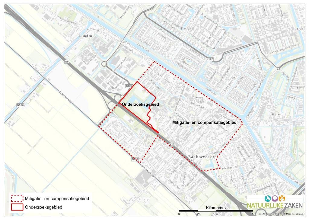 Afbeelding 2.1 Topografische kaart van het onderzoeksgebied en mitigatie- en compensatiegebied. 2.1.2 Toekomstige situatie In de toekomst zal een deel van het onderzoeksgebied worden omgezet naar woonwijk.