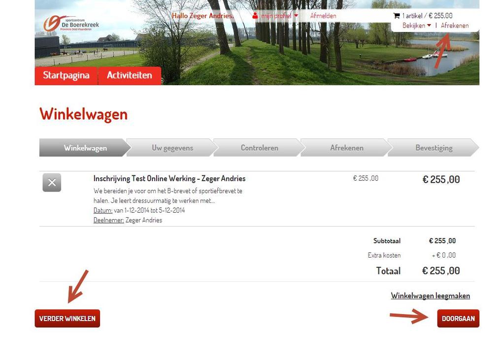 Hoofdstuk: Inschrijven op webshop.boerekreek.be 5. Daarna kan je eventueel verder winkelen en voor andere activiteiten inschrijven.