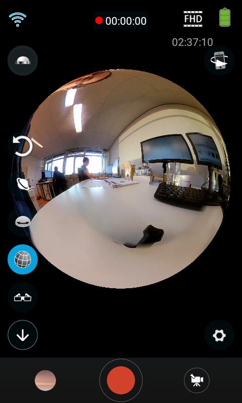 6.2 Een foto en film maken met behulp van de App Planet Mode Flat of Plane of Explore of 360 Degree Mode Fisheye of Sphere of Spherical Mode VR Mode Verbergen / tonen Galerij Instellingen Ga naar de