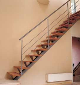 1 & 2. Deze rechte, minimalistische trap bestaat gewoon uit treden van verniste den uit de Landes, bevestigd tussen 2 muren.