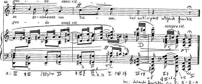 De grote ambitus van de stemmen in de voorzin (vooral viool 1 en cello) wordt gecompenseerd door de zeer beperkte stemomvang in de nazin.