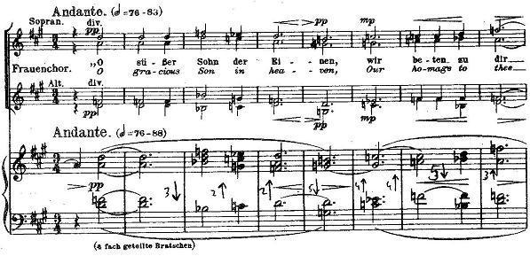 112 is er een tegenstelling tussen de meer chromatische harmonie die het orkestrale deel van het werk beheerst en het meer modale gezang van koor.