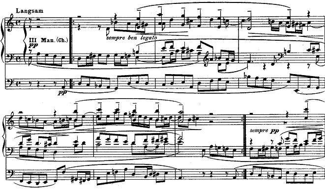 Max Reger: Herzlich tut mich verlangen, op. 67 nr. 14 (1902), mt. 1-7 Waar Brahms gemiddeld één akkoord per c.f. toon heeft, schrijft Reger er dikwijls twee.