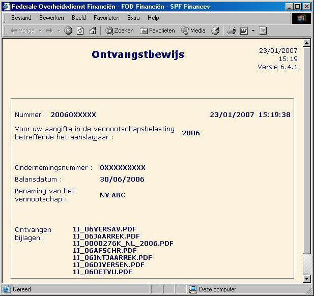 94 De aangifte en bijlage worden elektronisch verzonden naar FOD Financiën. De bestanden in de map worden automatisch gecomprimeerd tot één te verzenden bestand.