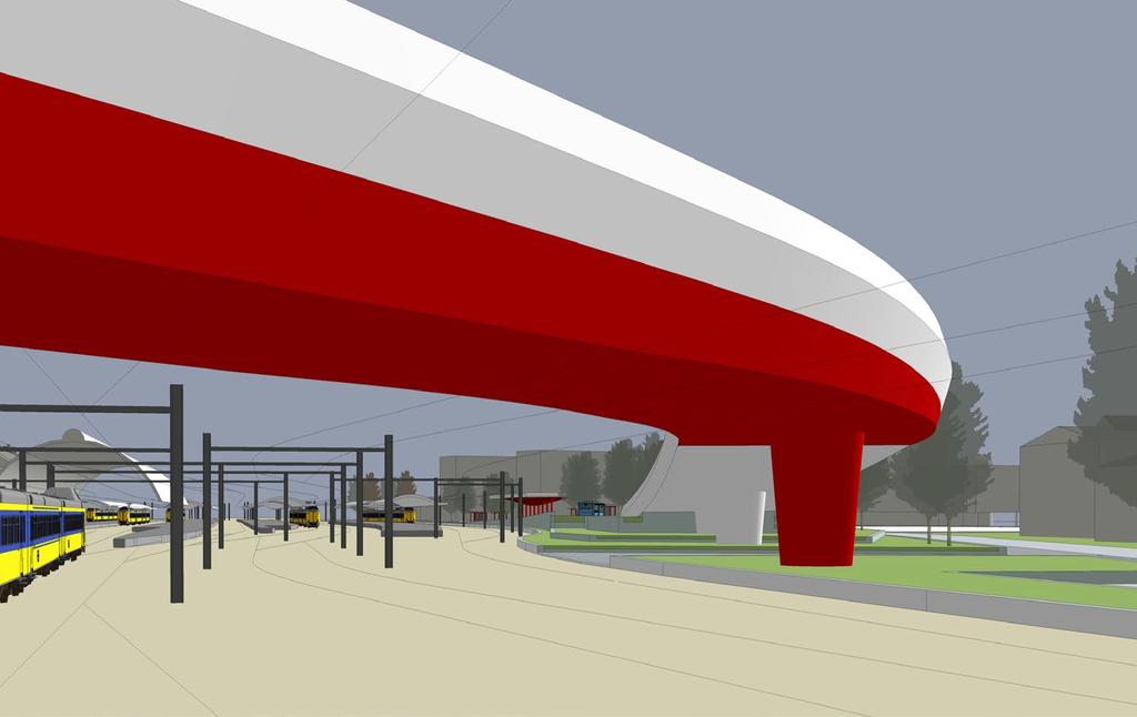 4.3 Zicht op de onderzijde busbrug Eis: visie op de gehele onderzijde van de brugconstructie en meer expliciet op de vrije overspanning. De onderkant van de brug komt op ca. 6,50 meter hoogte.